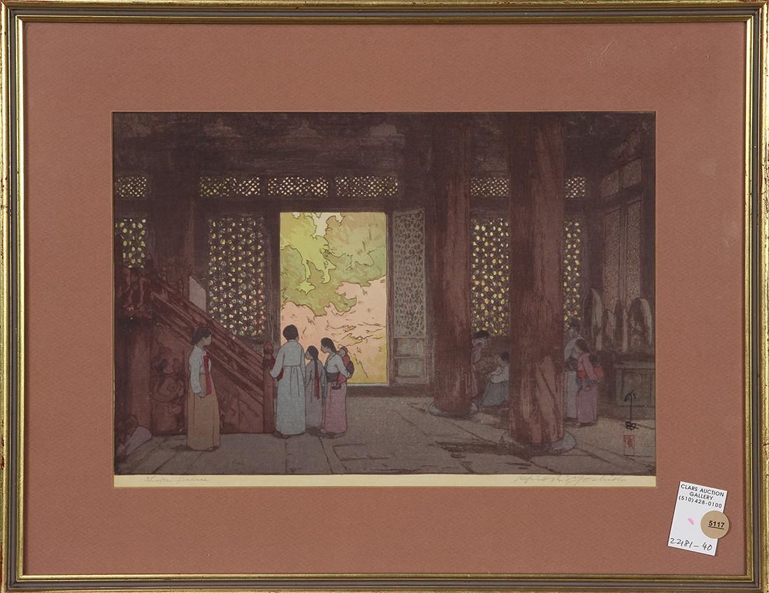 Japanese Woodblock Print, Yoshida Hiroshi: Yoshida Hiroshi (Japanese, 1876-1950), "Shokei Palace, Korea", woodblock print, jizuri (artist self-printed), lower left with the signature and seal, lower margin with the signature and title, left ma