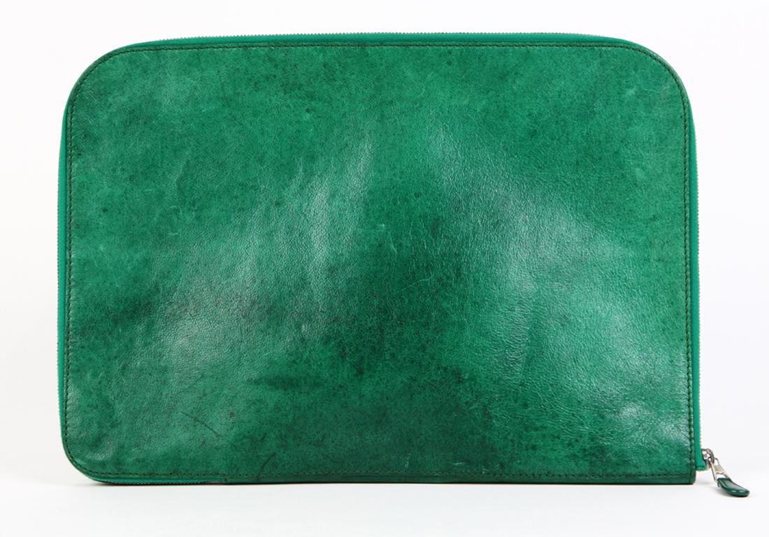 Balenciaga large zip around clutch: Balenciaga large zip around clutch, in green calf leather with silvered hardware, 10.5"h x 15"w