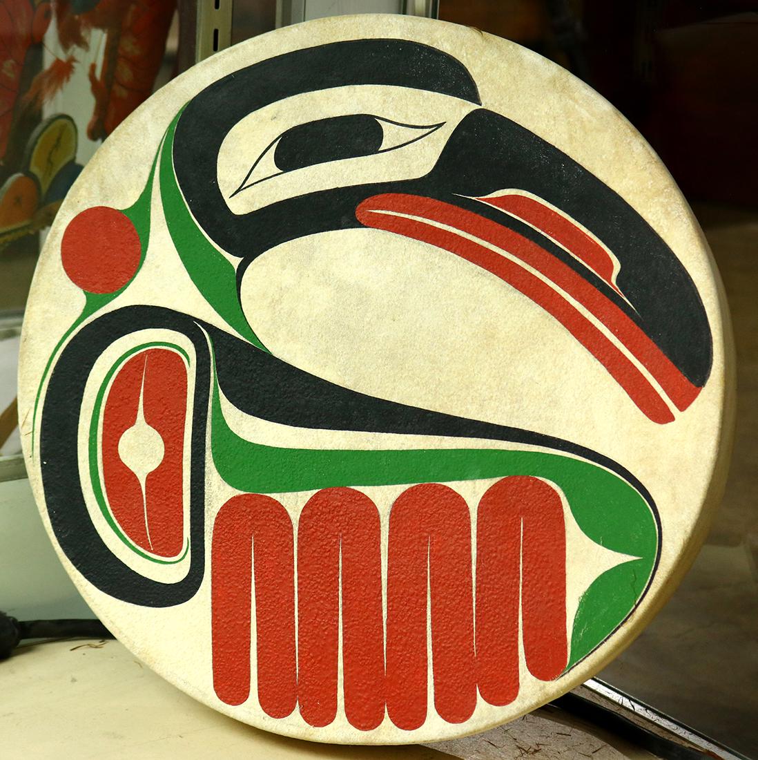 Pacific Northwest Andy Wilbur raven drum, circa 1970,: Pacific Northwest Andy Wilbur raven drum, circa 1970, with a painted depiction of a raven with black and green pigment, 3"h x 16.5"dia.