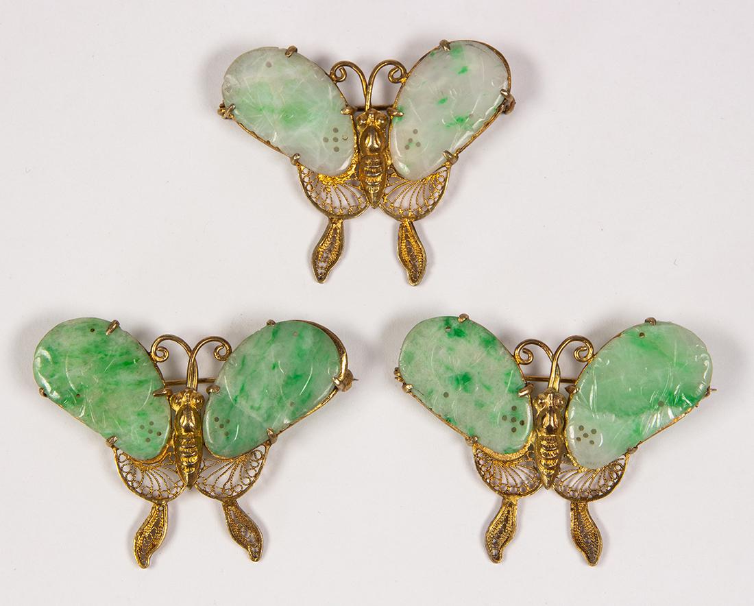 Jadeite, silver gilt butterfly brooches (1 of 2)