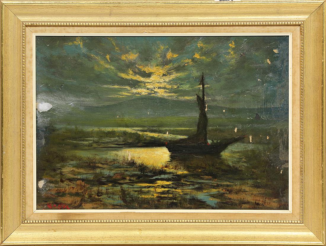 Painting, Sunset on the Marshes: California School (19th century), Sunset on the Marshes, oil on canvas, signed indistinctly "Von Hills (?)" lower left, overall (with frame): 19"h x 25"w