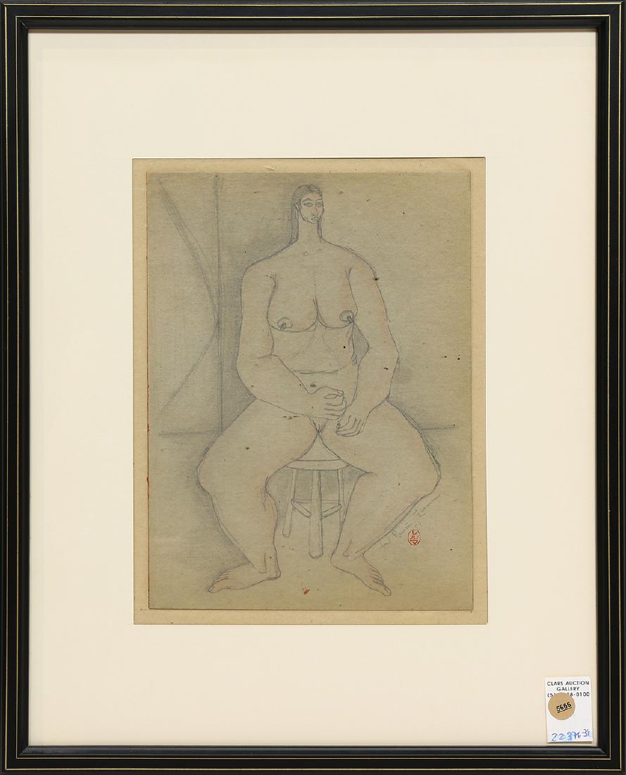 Drawing, Jose Ramon Lerma: Jose Ramon Lerma (American, 1930-2016), Untitled (Seated Female Nude), 1954, graphite on (gray) paper, signed and dated lower right, overall (with frame): 21.25"h x 17.25"w