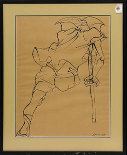 Drawing, Rico Lebrun: Rico Lebrun (American, 1900-1964), Figure with Crutch, 1948, ink on paper, signed and dated lower right, overall (with frame): 30.5"h x 25"w