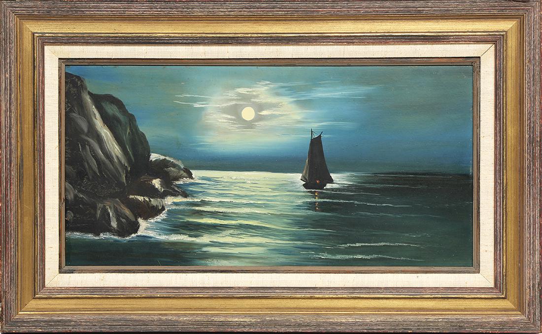 Painting, Moonlit Sail: American School (20th century), Moonlit Sail, oil on board, unsigned, overall (with frame): 19"h x 31"w