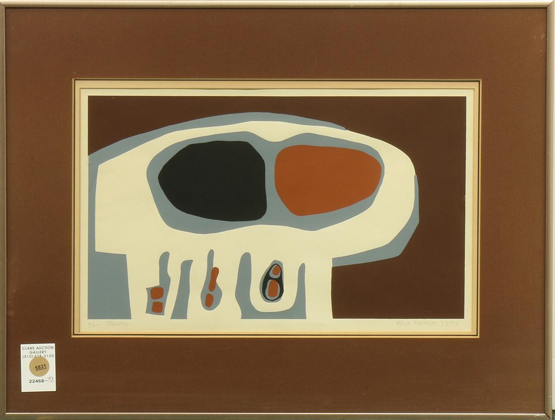 Print, Taurus: "Taurus," 1975, silkscreen, pencil signed "Beva Farmer" and dated lower right, titled lower left, edition 4/27, overall (with frame): 15.5"h x 20.5"w; Provenance: Property from the collection of Inn o