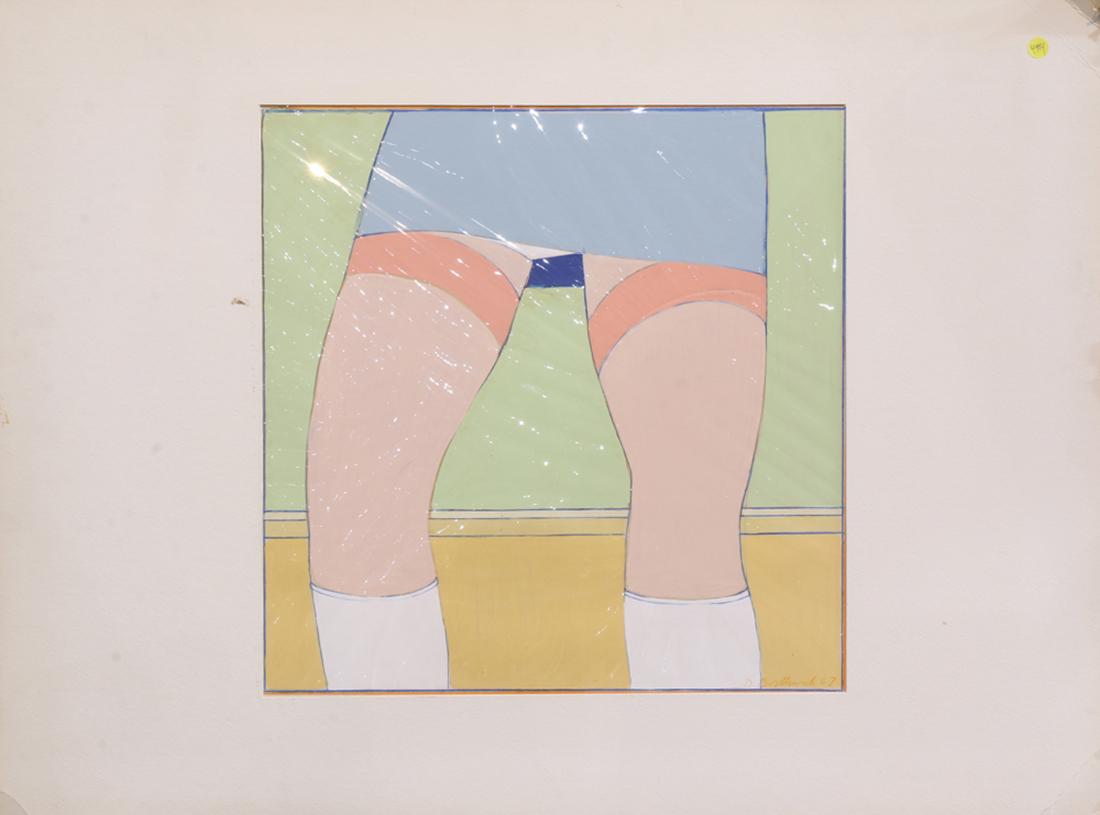 Drawings, Donald Borthwick: (lot of 4) Donald Borthwick (American, 20th century), "Mini Skirt, Figure on Brown Couch, Pool with Seascape and Reclinig Nude, mixed medias, gallery labels (Gallery de Silva, Santa Barbara, CA), affi