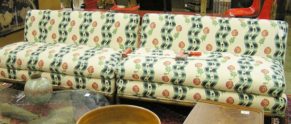 bamboo-framed settees Brunswig Fils: Pair of carved walnut bamboo style frame armless settees upholstered in Brunswig & Fils fabric, each 52''w