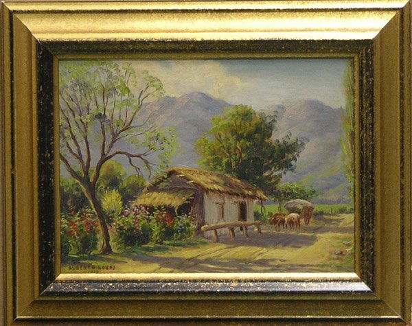 Painting, Alberto Lobos, Chilean: Framed oil on canvasboard, Farmhouse with Ox Cart, by Alberto Lobos (Chilean, 1892-1925), signed and dated 1939 lower left, overall: 16''h x 20''w