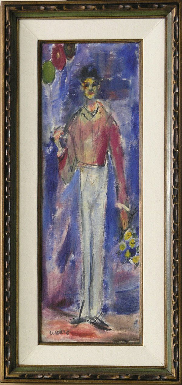 Painting, Pascal Cucaro, Clown: Framed oil on canvas, Portrait of a Clown, Pascal Cucaro (Californian, 1915-2004), signed lower left, Cory Gallery label affixed verso, sight: 36''h x 12''w, overall 45''h x 21.5''w