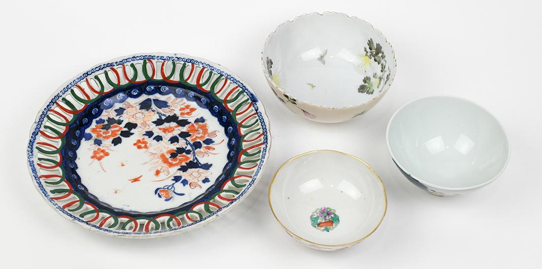 Japanese Porcelain, Imari, Uekido: (lot of 4) Japanese Imari plate with open work rim, decorated with peonies, base marked; an export porcelain, Meiji period, marked "Uekido" with finely foliated rim; a rice bowl; together with a Chine