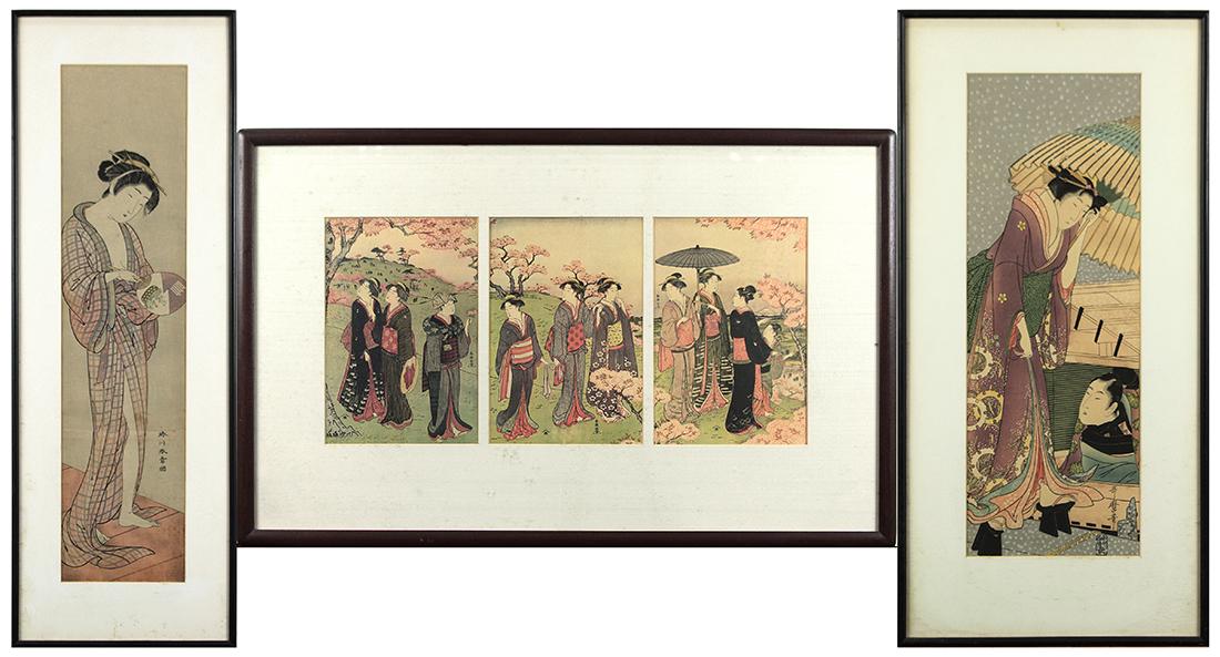 Japanese Woodblock Prints: Shuncho, Utamaroi,: (lot of 3) Japanese woodblock prints: Katsukawa Shuncho (18th-19th century), triptych (giclee) depicting group of women at cherry blossom viewing: Kitagawa Utamaro (1753-1806), depicting a courtesan a