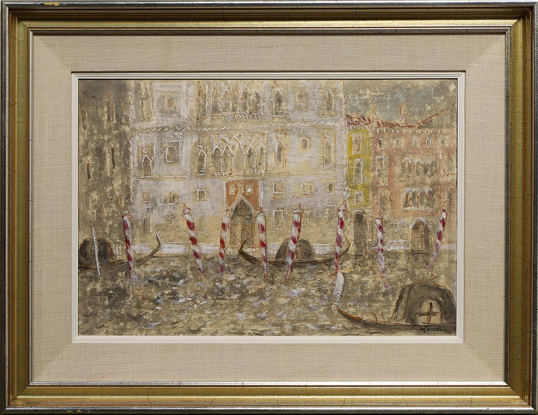 Painting, Giorgio Valenzin: Giorgio Valenzin (Italian, 1901-1978), Venetian Palazzo, tempera on board, signed lower right, titled verso, 20th century, overall (with frame): 20"h x 26.25"w