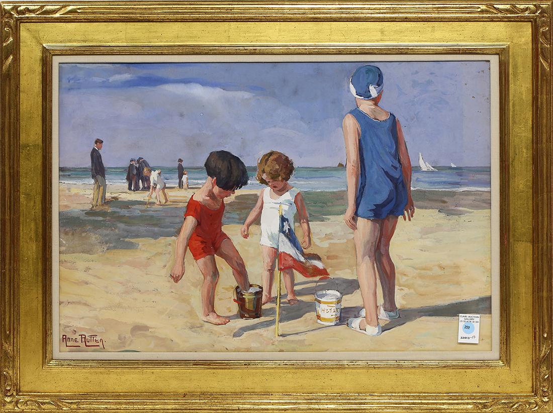 Painting, Anne Rutten: Anne Rutten (Belgian, 1898-1981), Untitled (Figures on the Beach), tempera on board, signed lower left, overall (with frame): 25.5"h x 34.5"w