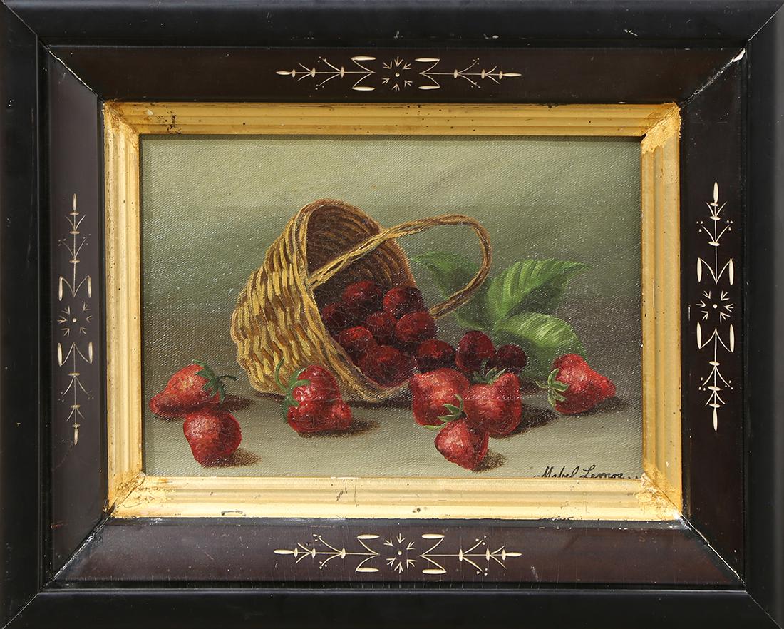 Painting, Mabel Lemos: Mabel Lemos (American, 1861-1921), Strawberries, oil on canvas, signed lower right, overall (with frame): 11.75"h x 14.75"w. Provenance: Estate of Edan Milton Hughes (San Francisco, CA)