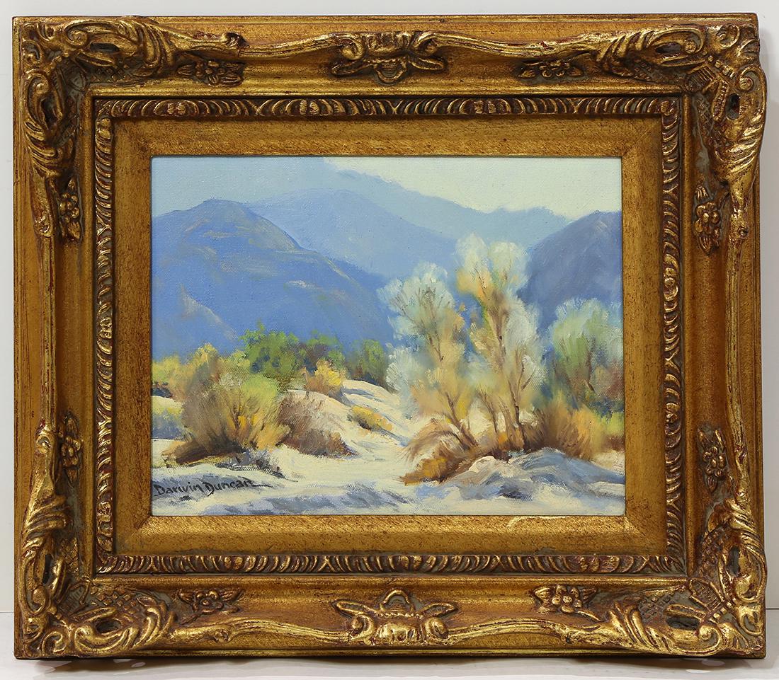 Painting, Darwin Duncan: Darwin Duncan (American, 1905-2002), Desert Landscape, oil on canvas, signed lower left, overall (with frame): 15"h x 18"w