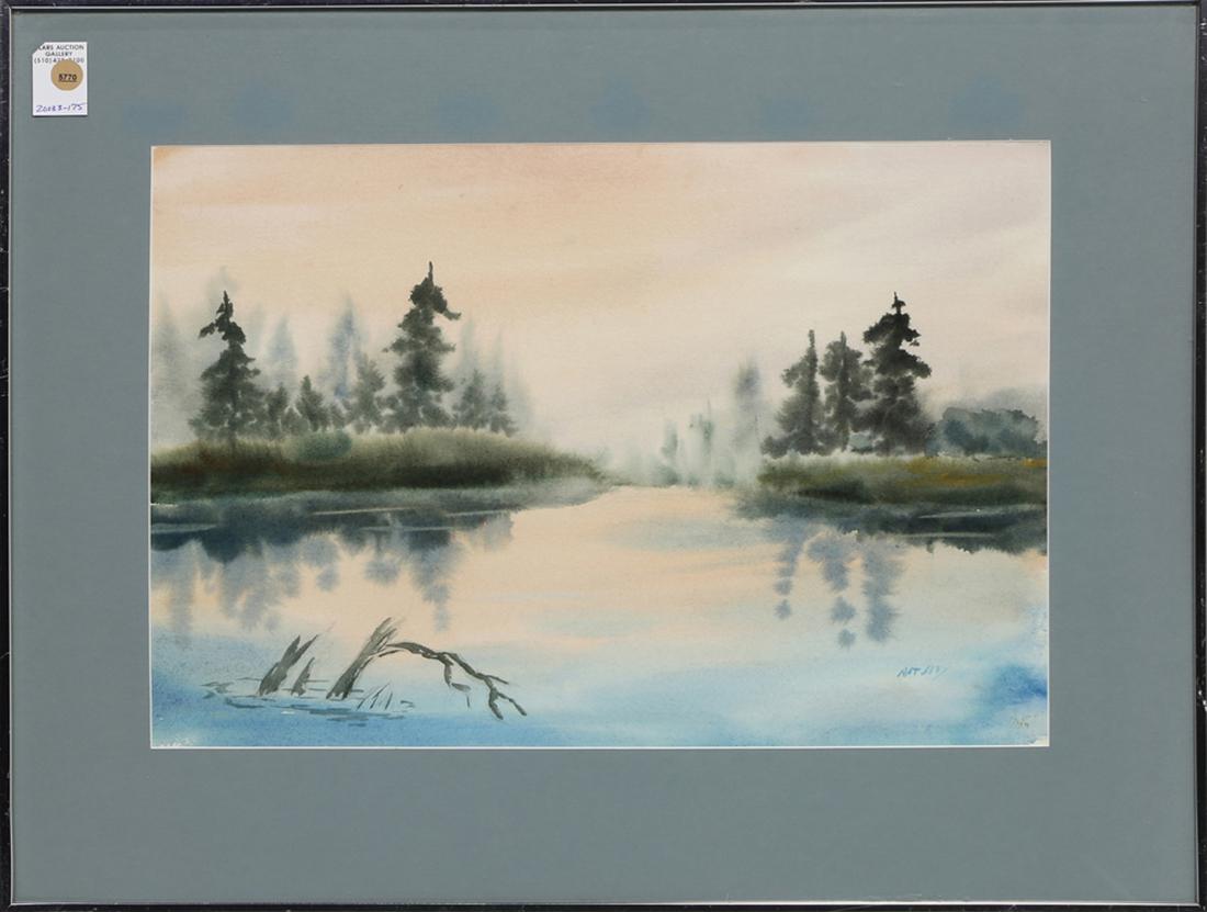 Watercolor, Nat Levy: Nat Levy (American, 1896-1984), Misty River, watercolor, signed lower right, overall (with frame): 22.5"h x 28.5"w