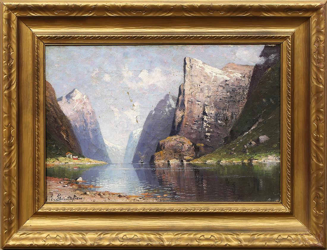 Painting, Elisabeth Gruttefien Kiekebusch: Elisabeth Gruttefien Kiekebusch (German, 19th century), Norwegische Fjordlandschaft, oil on canvas, signed lower left, overall (with frame): 17.25"h x 22.5"w