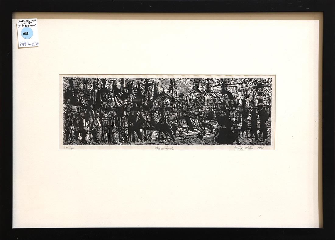 Print, Misch Kohn: Misch Kohn (American, 1916-2002), "Processional," 1955, woodcut, pencil signed and dated lower right, titled lower center, from edition of 50, overall (with frame): 15"h x 21"w