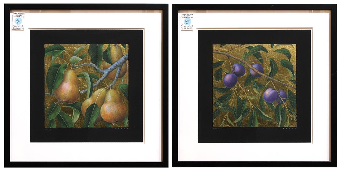 Prints, Adria Peterson: (lot of 2) Adria Peterson (American, 20th century), Pears and Plums, inkjet prints with gold leafing, each signed lower right, editions 44/125, overall (with frame/each): 17"h x 17"w