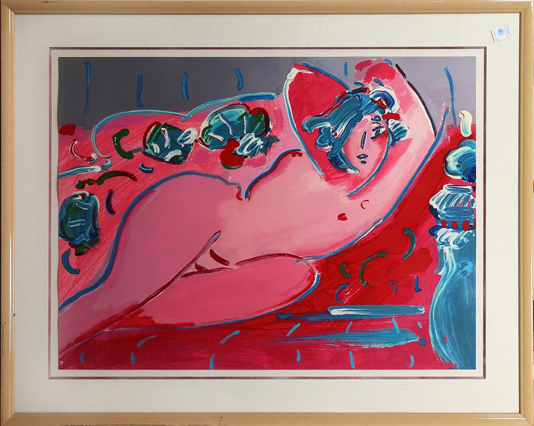 Print, Peter Max: Peter Max (German/American, b.1937), Lounging Nude, screenprint over offset print, signed lower left, edition 168/300, overall (with frame): 40.5"h x 50.5"w