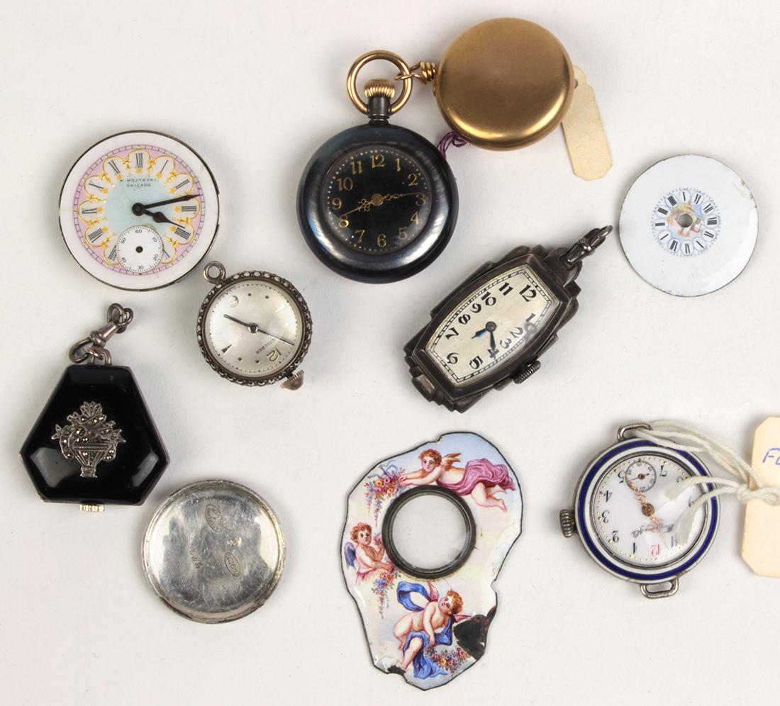 (Lot of 8) Enamel, marcasite, carnelian, sterling: (Lot of 8) Enamel, marcasite, carnelian, sterling silver, silver and metal watches and parts Including 1) carnelian, marcasite and sterling silver pendant-watch; 1) black enamel, marcasite and sterlin