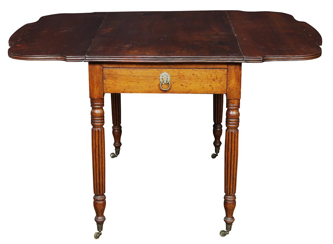 Drop leaf table, rising on reeded legs, 28"h x 41"w x: Drop leaf table, rising on reeded legs, 28"h x 41"w x 50"d