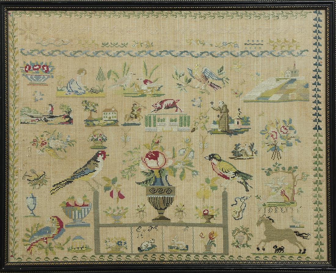 Needlework sampler: Needlework sampler, having a foliate decorated border surrounding the central panel decorated with a scenic reserve of birds, a floral bouquet, a horse, a church in a landscape, a priest, etc., 15"h x