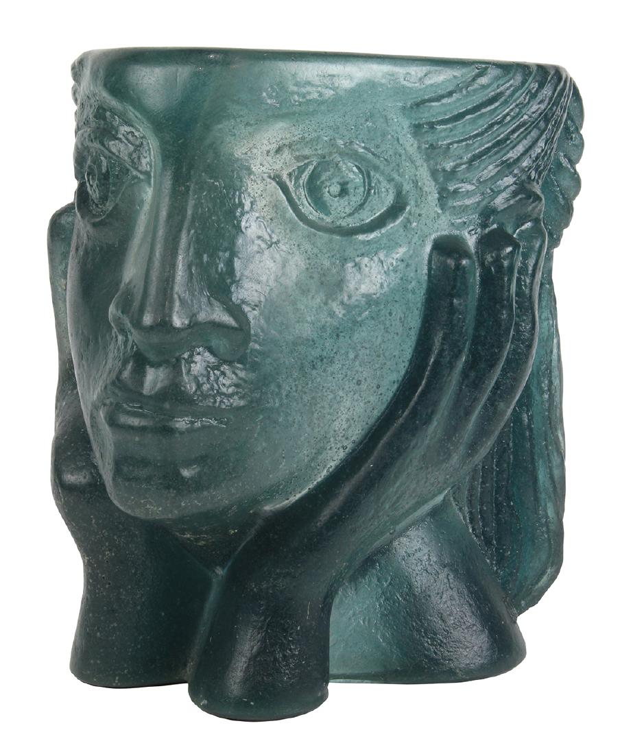 Daum pate de verre limited edition figural sculpture: Daum pate de verre limited edition figural sculpture, depicting a female mask and hands, signed Tovi Hoat, 100/150, 9.5"h