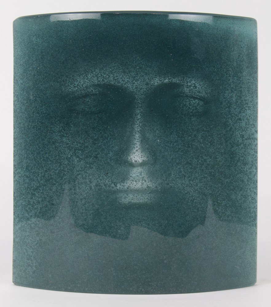 Daum pate de verre art glass sculpture: Daum pate de verre art glass sculpture "David," by Roy Adzak, 258/300, executed in sea green/blue with bubble inclusions, signed at back, 10"h x 9"w