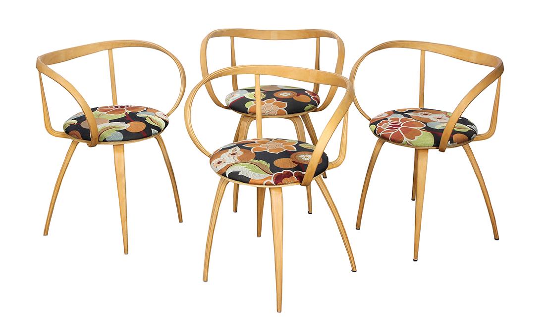 George Nelson for Herman Miller Pretzel chairs: (lot of 4) George Nelson for Herman Miller Pretzel chairs, model 5890, 1950s, each executed in laminated bent plywood, and having a floral upholstered seat, unmarked, 29.5"h