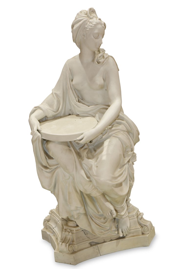 Continental parian sculpture circa 1860: Continental parian sculpture circa 1860, depicting a partially nude female wearing a flowing gown and seated on a plinth, unsigned, 28"h x 13"w x 10"d
