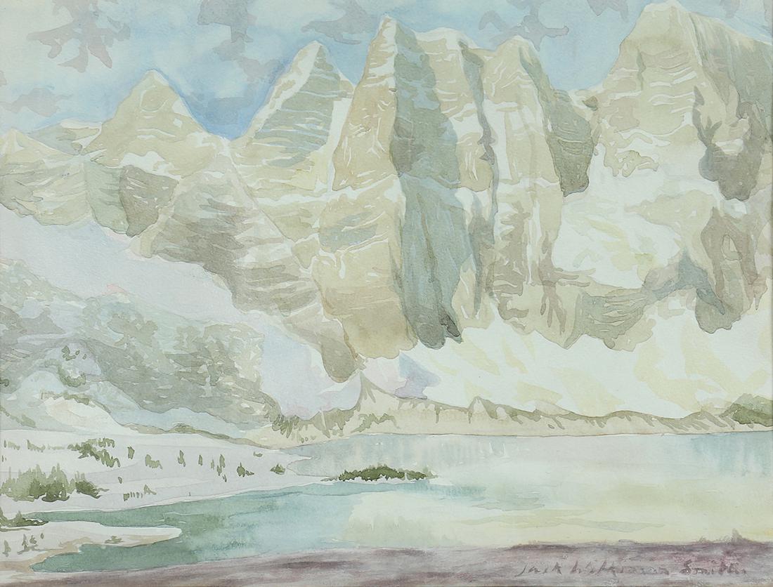 Watercolor, Jack Wilkinson Smith: Jack Wilkinson Smith (American, 1873-1949), Mountain Lake, watercolor, signed lower right, sight: 9.5"h x 12.5"w, overall (with frame): 16"h x 19"w