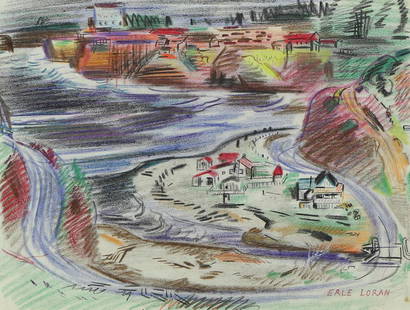 Work on paper, Erle Loran: Erle Loran (American, 1905–1999), "Bolinas," mixed media on paper, signed lower right, sight: 8.5"h x 11.5"w, overall (with frame): 19.25"h x 22"w