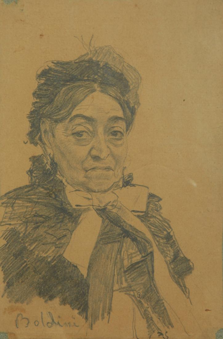 Work on paper, Giovanni Boldini: Giovanni Boldini (Italian/French, 1842-1931), "Portrait de la Contesse Anne de Rasty,” 1883, pencil on paper, signed lower left, titled and dated verso, sheet: 7.5"h x 4.25"w, overall (with frame):