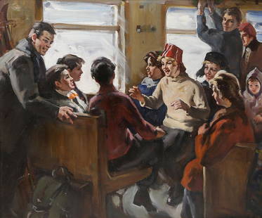 Painting, Oleg Lomakin: Oleg Leonidovich Lomakin (Russian, 1924-2010), "Train to the Slopes," oil on canvas, signed lower right and verso, canvas: 37.75"h x 45.5"w, overall (with frame): 45"h x 53"w