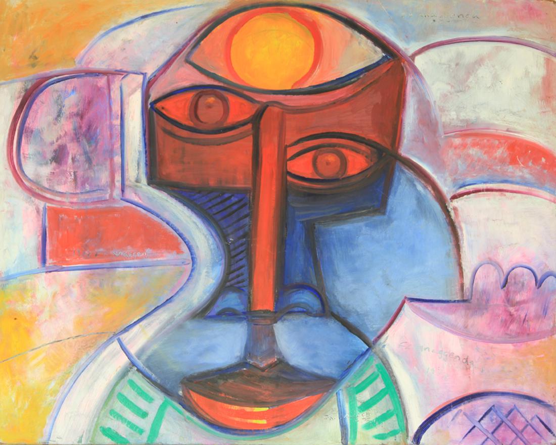 Painting, Francis Nnaggenda: Francis Nnaggenda (Ugandan, b. 1936), Figure in Cubist Form, 1973, oil on masonite, signed upper and lower right, dated lower right, masonite (unframed): 24"h x 30"w