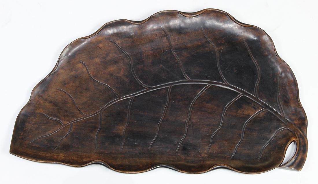 Japanese Large Wooden Leaf-form Tray: Japanese large wooden leaf form tray, accented by carved veins, approx. 29.5"l x 17"w