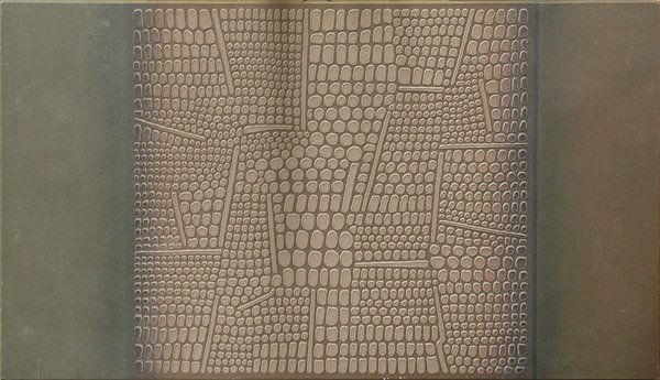 Mixed media Paul Maxwell American: Unframed mixed media stencil casting, Abstract in Brown, by Paul Maxwell (American, 1925-), signed 'P. Maxwell' lower right, overall: 36''h x 60''w