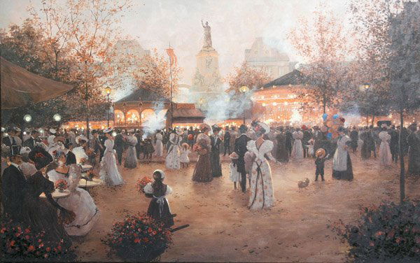 Giclee print Christa Kieffer Paris: Unframed hand-embellished giclee print on canvas, ''La Fete Ache'', by Christa Kieffer (German/Californian, 20th century), signed C. Kieffer and numbered 178/180 lower right, plate signed lower right,