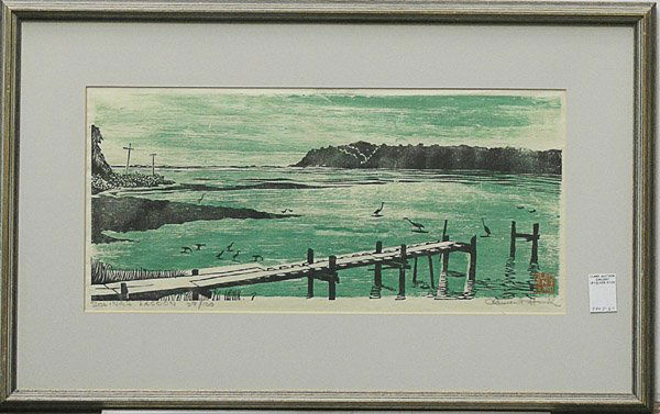 Lithograph, Clement Hurd, Bolinas: Framed Woodblock, ''Bolinas Lagoon'', by Clement Hurd (Californian, 1908-1988), signed and sealed lower right, titled and numbered 29/100 lower left, image: 9.5''h x 22''w, overall: 20''h x 31''w