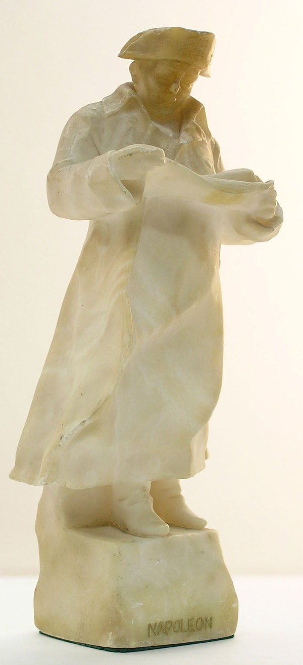 marble sculpture Napoleon Thomas Ball: Carved marble sculpture depicting Napoleon reading a map, standing on a rocky base, signed Thomas Ball, NJ 1905, signature and title accented in gold, 11.5''h, minor chips and flakes