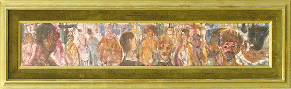 Painting Pascal Cucaro Californian: Framed oil on canvas, Faces in a Crowd, by Pascal Cucaro, (California, 1915-2004), signed lower left, sight: 7.5''h x 47.5''w, overall: 16''h x 56''w