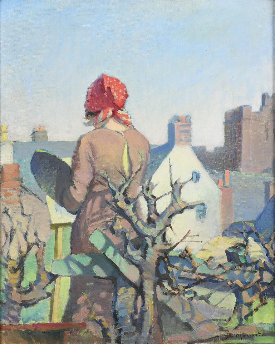 Painting, After Berthe Morisot: After Berthe Morisot (French, 1841-1895), “The Artist,” oil on canvas, bears signature lower right, title placard lower center, canvas: 21"h x 17"w, overall (with frame): 25.25"h x 21.25"w