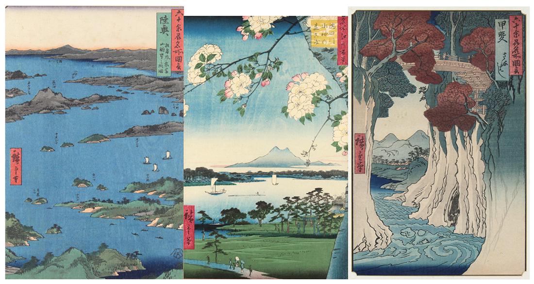 (lot of 3) Utagawa Hiroshige (Japanese, 1797-1858),: (lot of 3) Utagawa Hiroshige (Japanese, 1797-1858), "Mutsu" and "Kai" from the "Famous Views of the Sixty-odd Provinces" series; "Sumida River" from the "100 Famous Places in Edo" series, woodblock pr