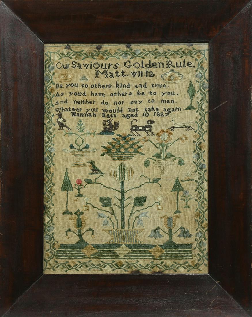 Needlework sampler, executed by Hannah Nutt, 1827, (1 of 3)