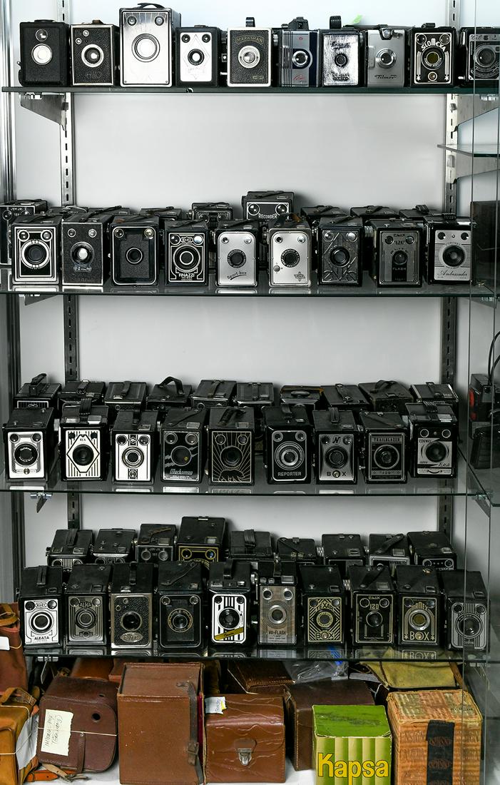 Five shelves of antique box cameras and cases (1 of 5)