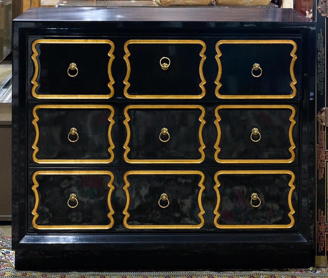 Kindel Hollywood Regency style black lacquered dresser, (1 of 3)