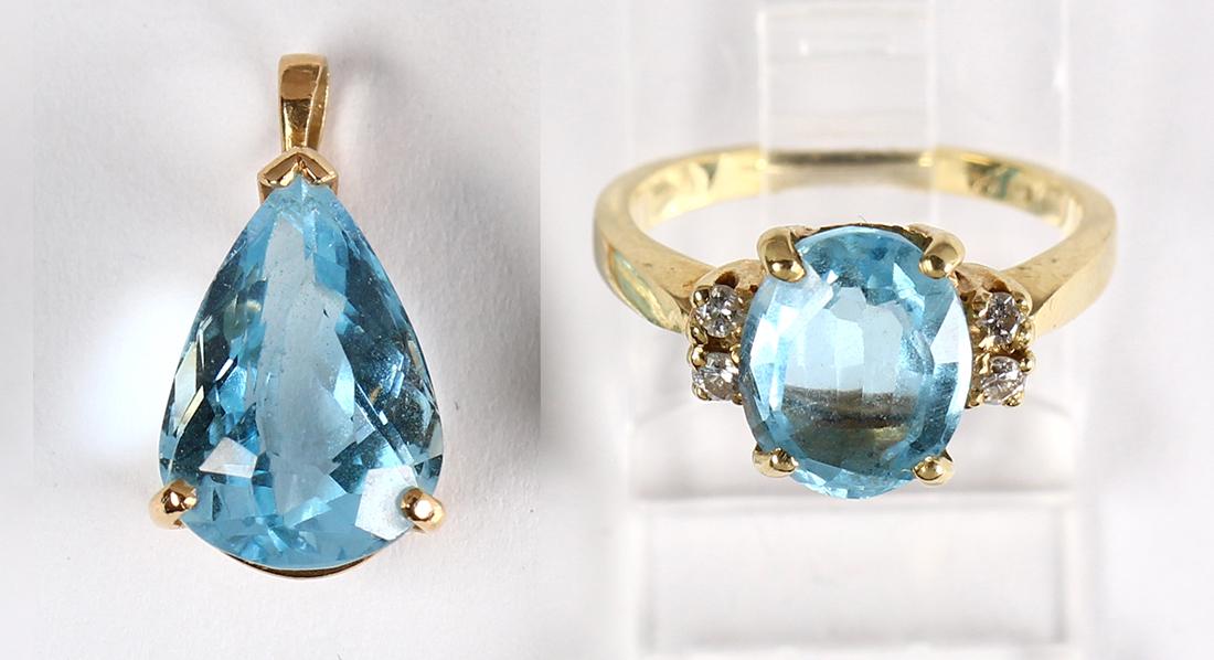 (Lot of 2) Blue topaz, diamond and yellow gold jewelry (1 of 2)