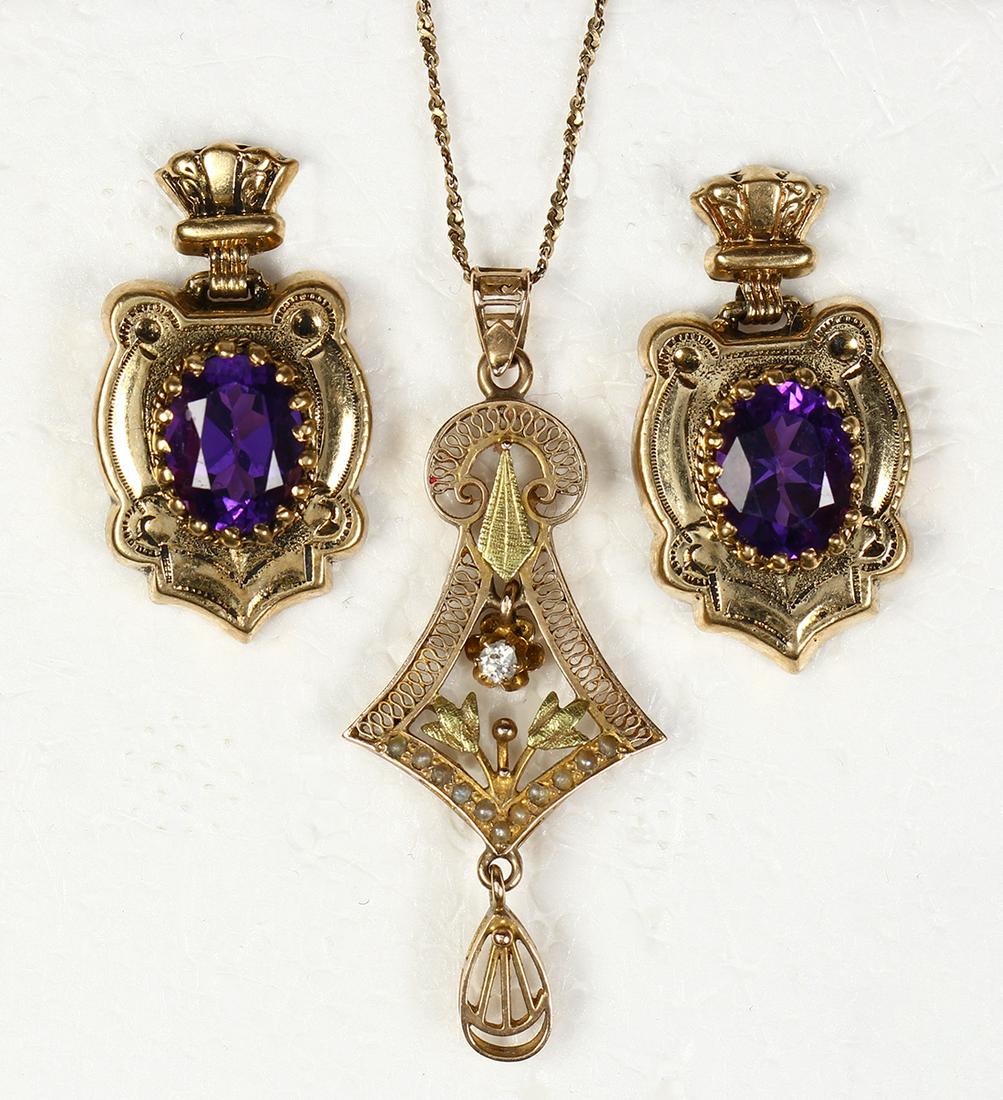 (Lot of 2) Amethyst, diamond and yellow gold jewelry (1 of 2)