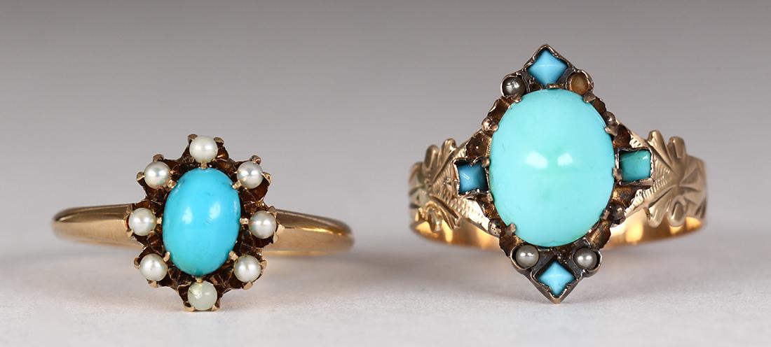 (Lot of 2) Turquoise, seed pearl and gold rings (1 of 3)